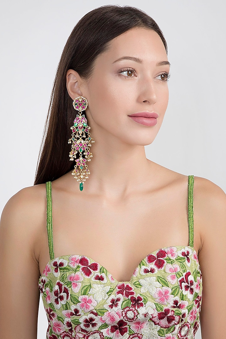Gold Plated Jadau Stone Long Earrings by Noorah By J at Pernia's Pop Up Shop