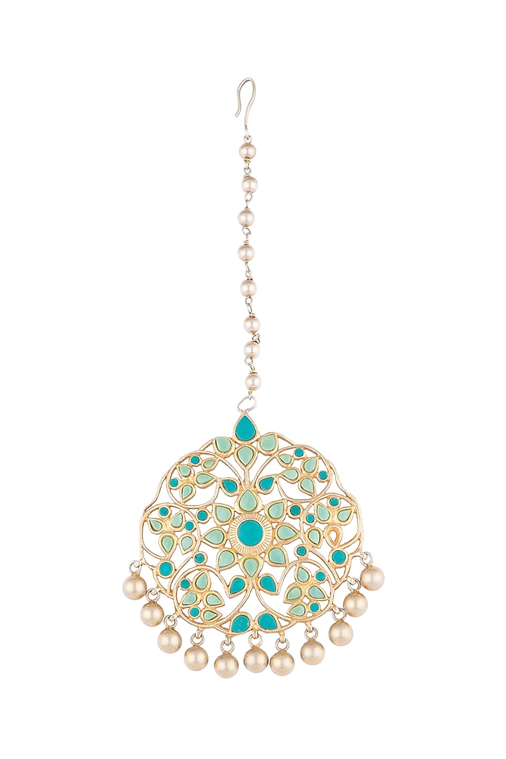Gold Plated Turquoise Stone Maang Tikka by Noorah By J
