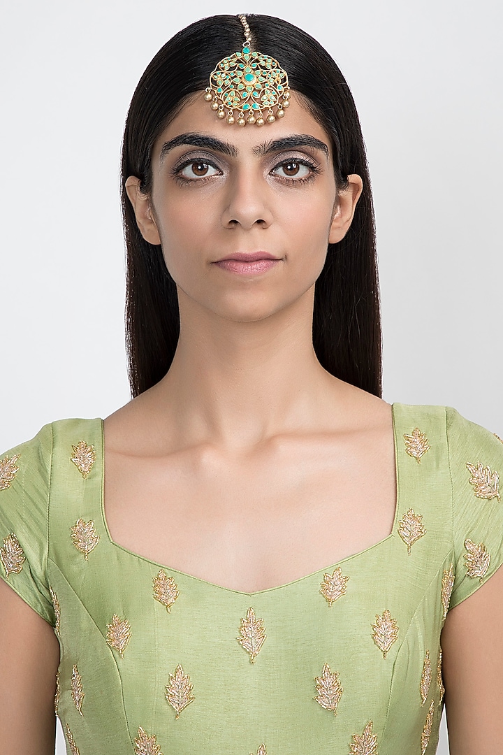 Gold Plated Turquoise Stone Maang Tikka by Noorah By J at Pernia's Pop Up Shop