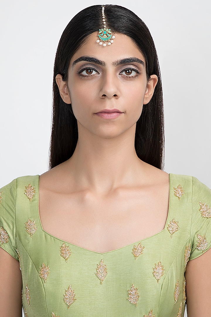 Gold Plated Pearl & Stone Maang Tikka by Noorah By J at Pernia's Pop Up Shop
