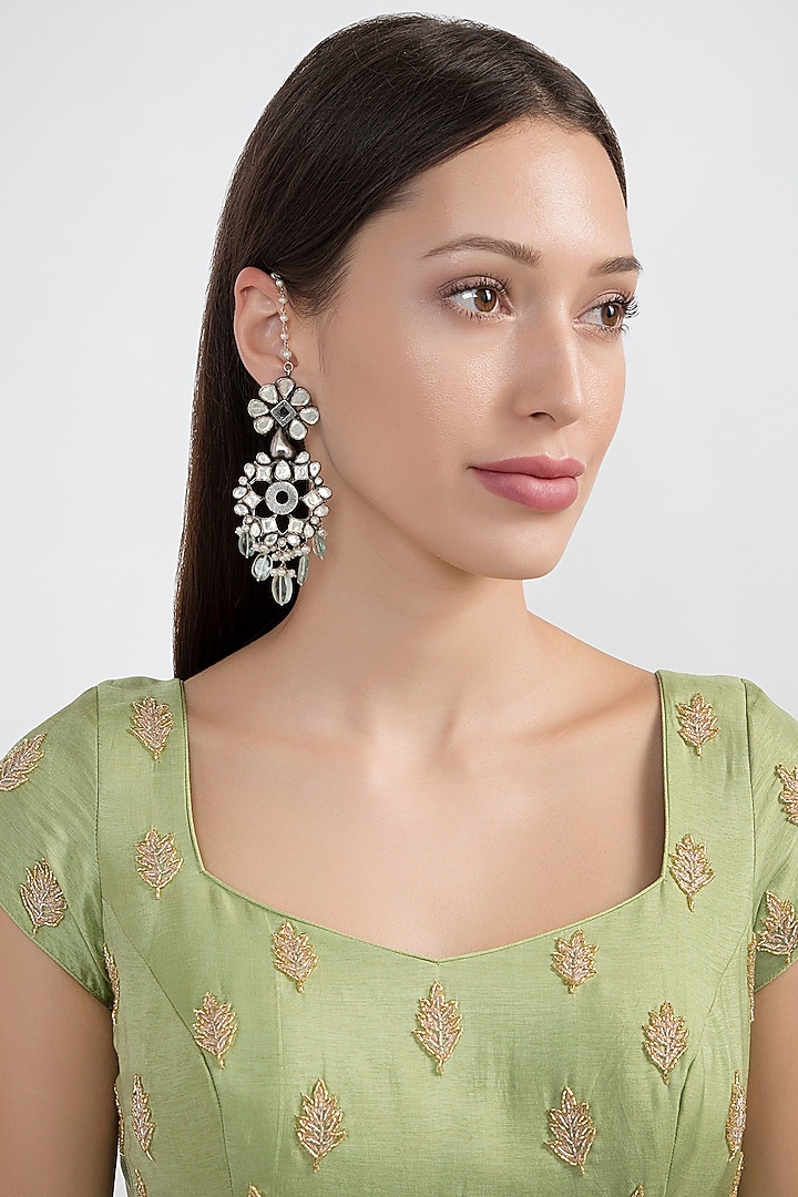 Oxidised Silver Finish Polki Earrings by Noorah By J at Pernia's Pop Up Shop