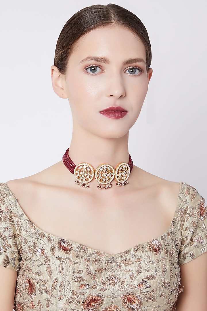 Gold Plated Red Stone Choker Necklace by Nepra By Neha Goel