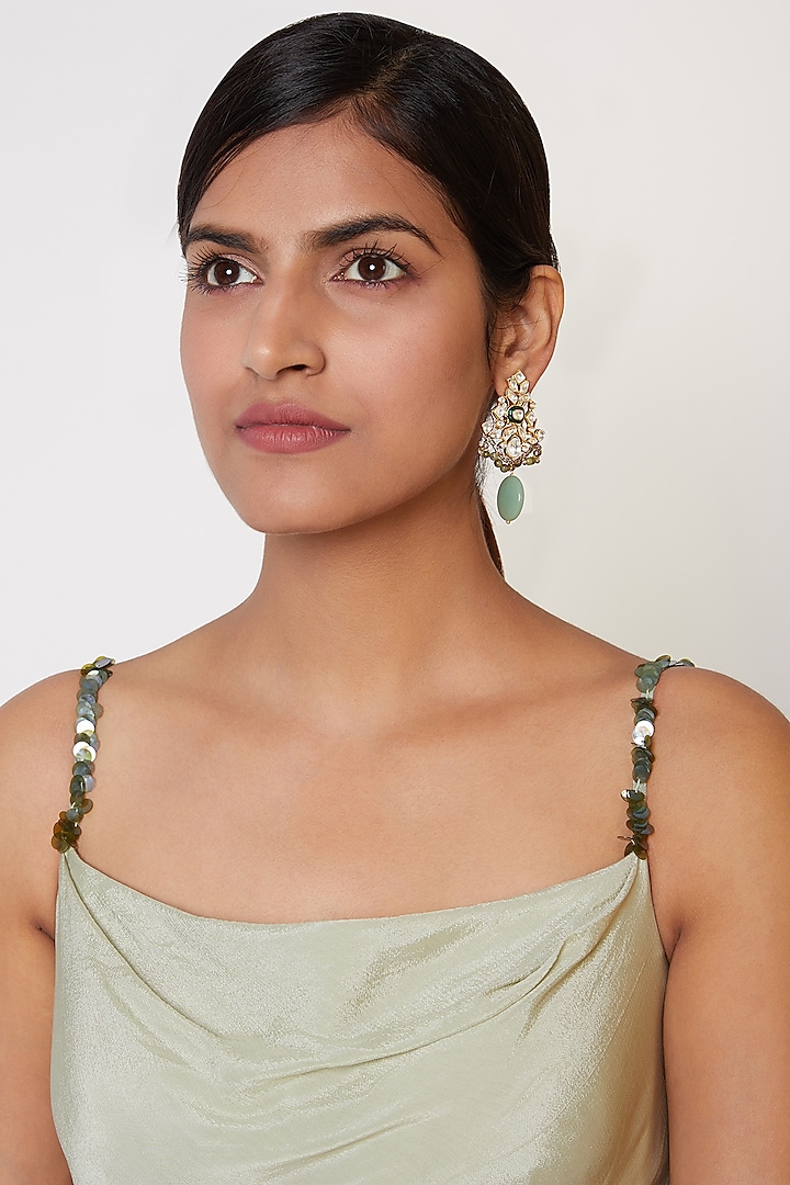 Gold Plated Green Synthetic Stone Earrings by Nepra By Neha Goel