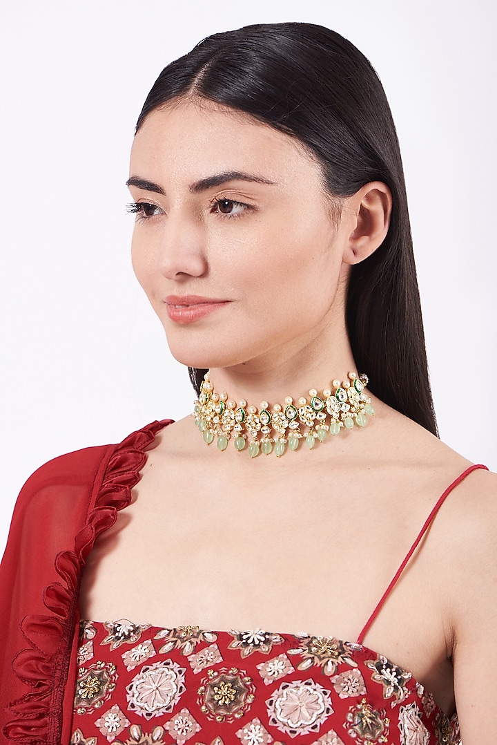 Gold Finish Beaded Choker Necklace by Nepra By Neha Goel at Pernia's Pop Up Shop