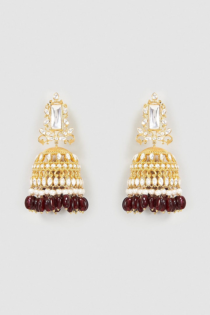Gold Finish Red Beaded Jhumka Earrings by Nepra By Neha Goel