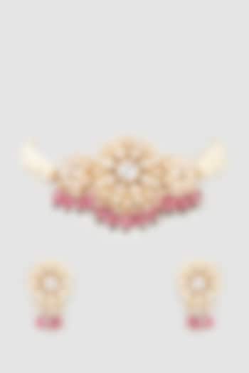 Gold Finish Pink Kundan Polki Choker Necklace Set by Nepra By Neha Goel at Pernia's Pop Up Shop