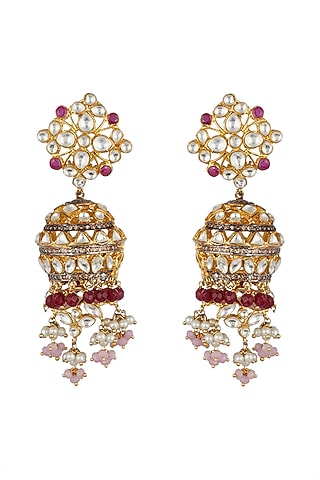 Gold Finish Kundan Jhumka Earrings by Nepra By Neha Goel