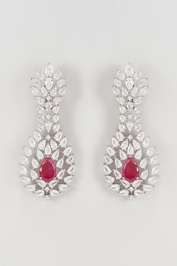 White Rhodium Finish Faux Diamond Dangler Earrings by Nepra By Neha Goel
