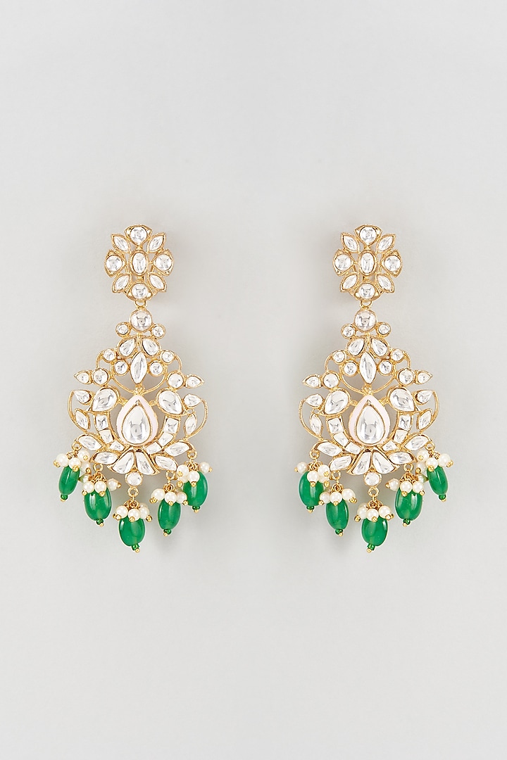 Gold Plated Kundan Polki & Emerald Chandbali Earrings by Nepra By Neha Goel at Pernia's Pop Up Shop