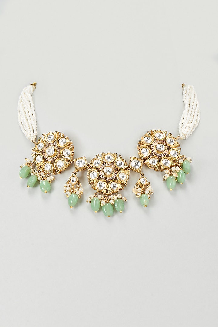 Gold-Plated Kundan Polki & Emerald Choker Necklace by Nepra By Neha Goel at Pernia's Pop Up Shop