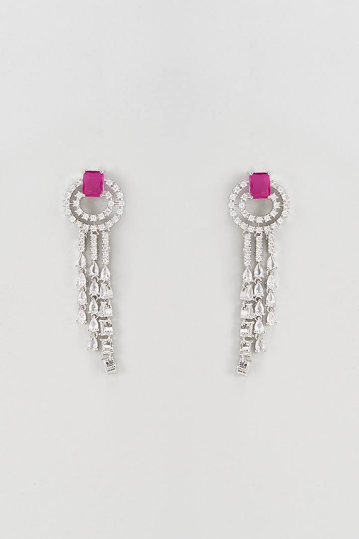White Rhodium Finish Faux Diamond & Ruby Stones Dangler Earrings by Nepra By Neha Goel