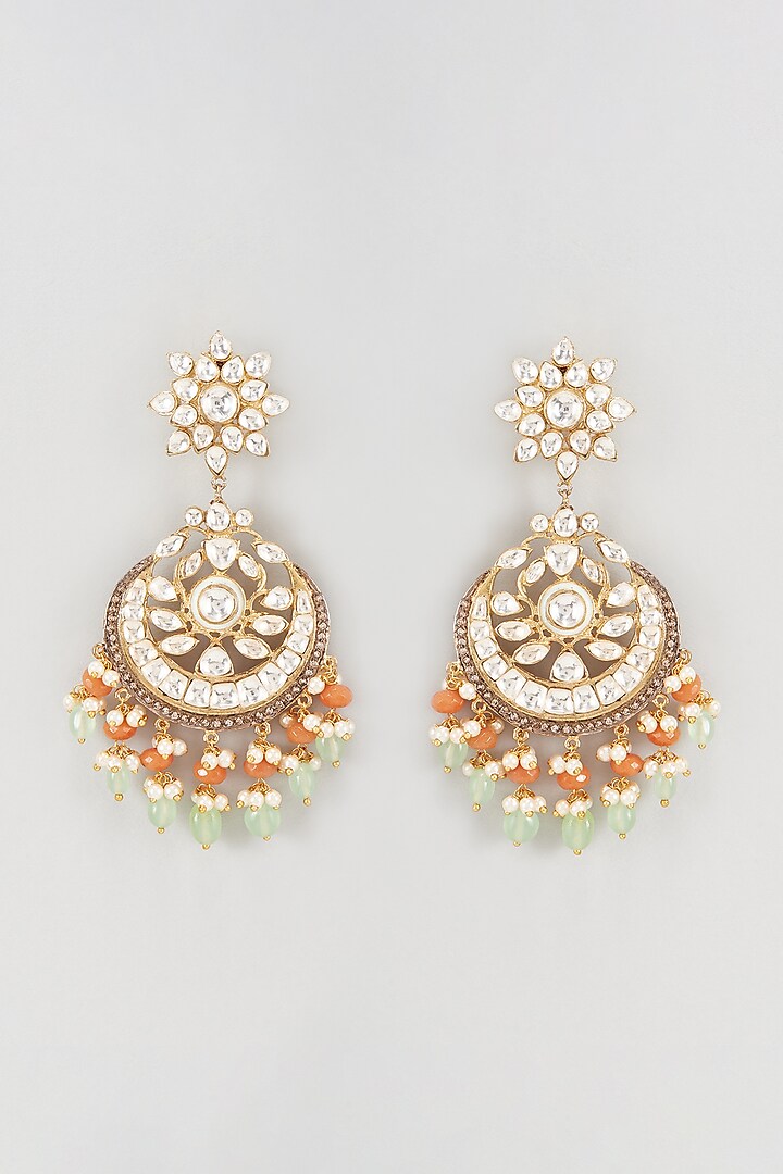 Gold Plated Kundan Polki & Emerald Chandbali Earrings by Nepra By Neha Goel at Pernia's Pop Up Shop