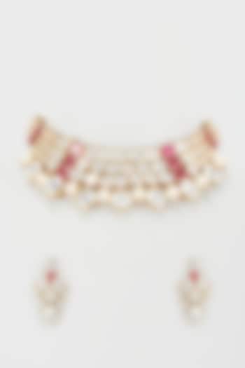 Gold Plated Kundan Polki & Ruby Choker Necklace Set by Nepra By Neha Goel