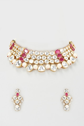 Gold Plated Kundan Polki & Ruby Choker Necklace Set by Nepra By Neha Goel