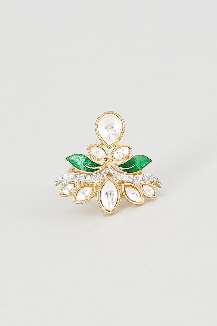 Gold Plated Kundan Polki & Green Stones Ring by Nepra By Neha Goel