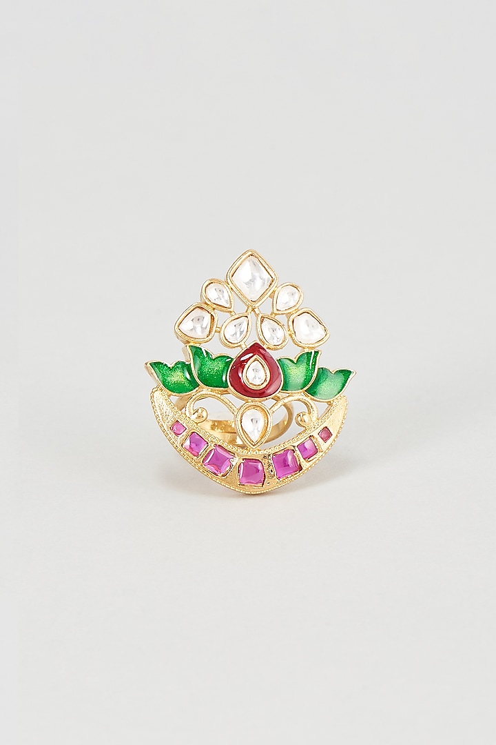 Gold Plated Kundan Polki & Pink Stones Ring by Nepra By Neha Goel