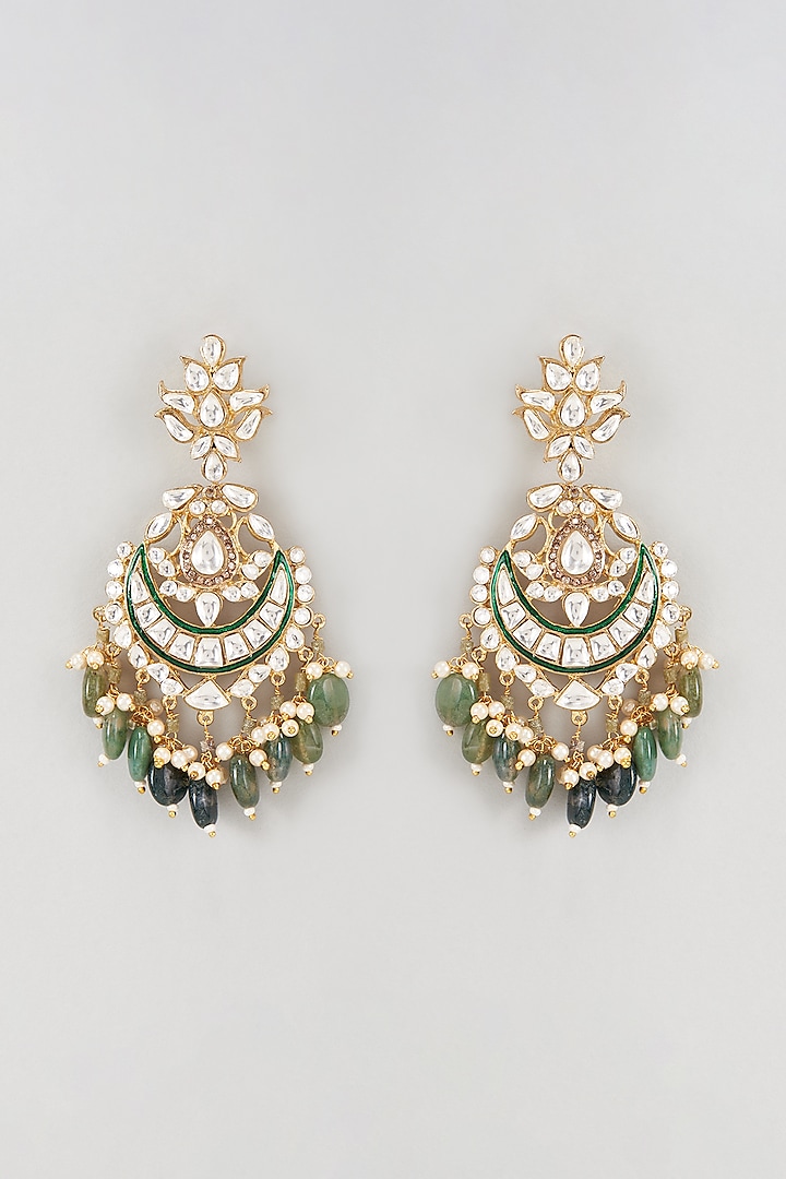 Gold Plated Kundan Polki & Emerald Chandbali Earrings by Nepra By Neha Goel