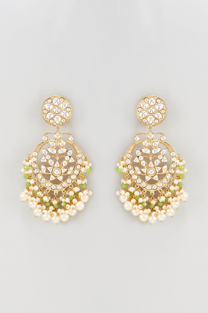 Gold Plated Kundan Polki & Pearl Enamelled Chandbali Earrings by Nepra By Neha Goel