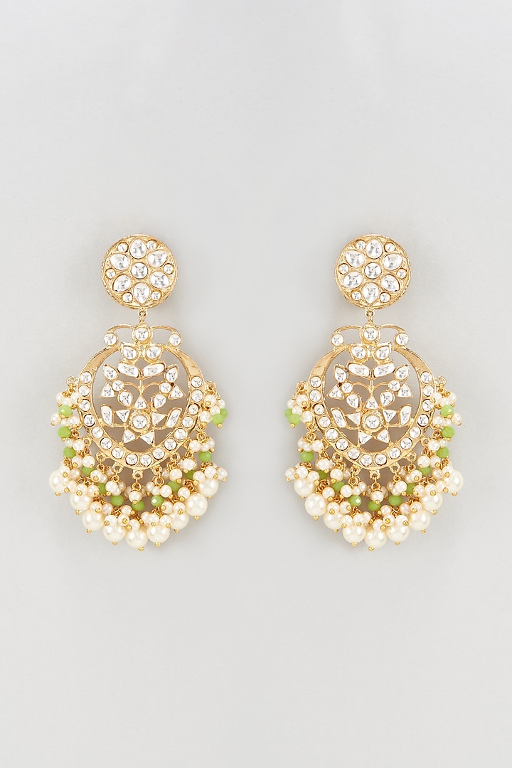 Gold Plated Kundan Polki & Pearl Enamelled Chandbali Earrings by Nepra By Neha Goel at Pernia's Pop Up Shop