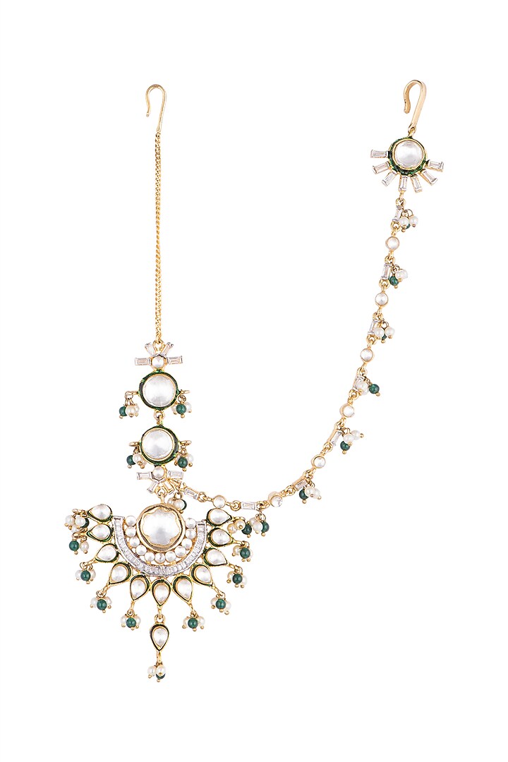 Gold Plated Green Enamelled Kundan Maang Tikka by Nepra By Neha Goel at Pernia's Pop Up Shop