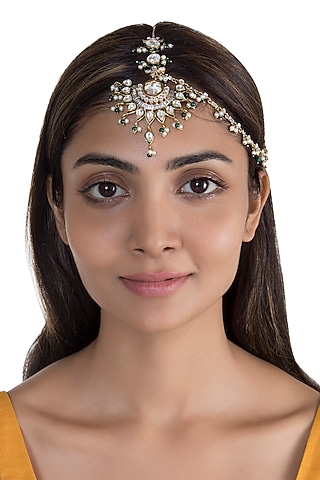 Gold Plated Green Enamelled Kundan Maang Tikka by Nepra By Neha Goel
