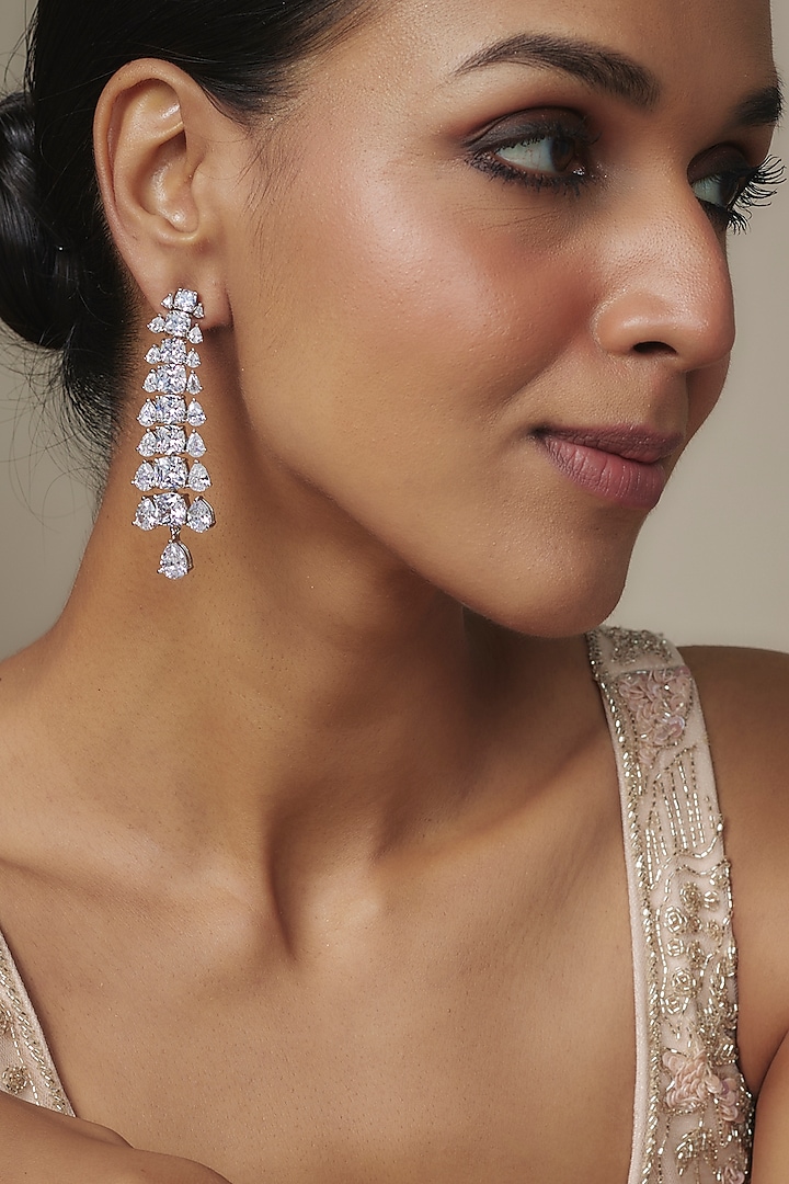 White Rhodium Finish Zircon Dangler Earrings by Nepra By Neha Goel at Pernia's Pop Up Shop