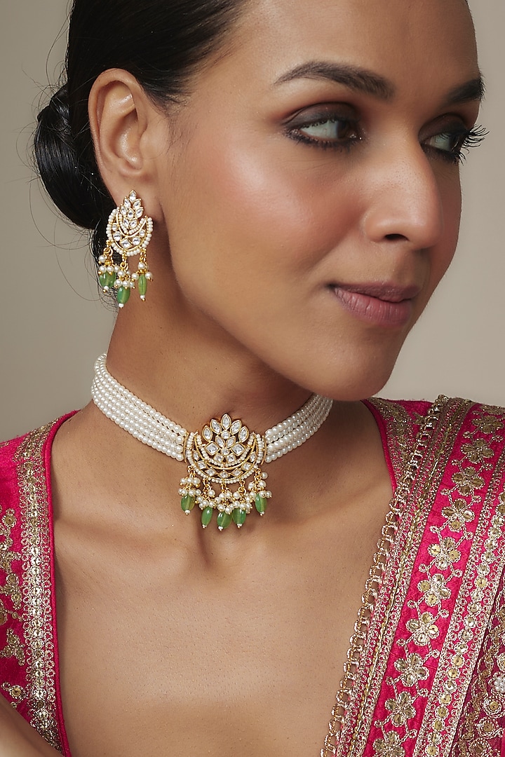 Gold Plated Kundan Polki & Green Beaded Choker Necklace Set by Nepra By Neha Goel at Pernia's Pop Up Shop