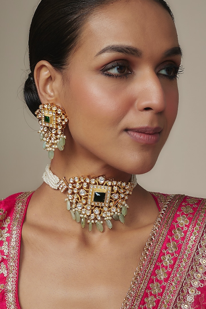 Gold Plated Kundan Polki & Green Beaded Choker Necklace Set by Nepra By Neha Goel at Pernia's Pop Up Shop