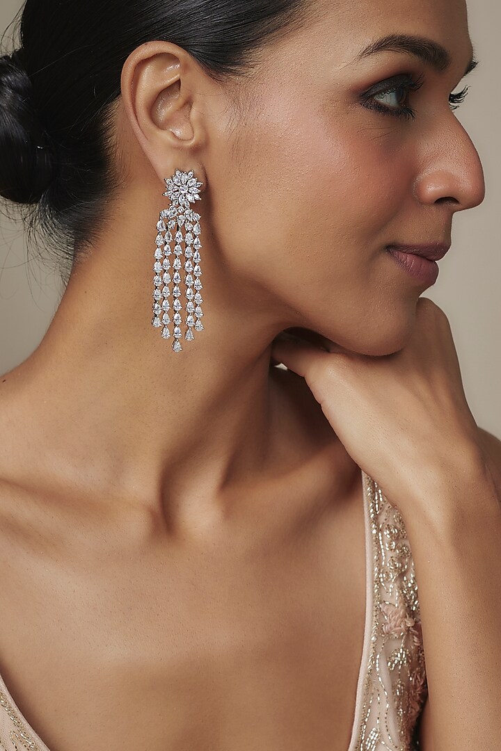 White Rhodium Finish Zircon Dangler Earrings by Nepra By Neha Goel at Pernia's Pop Up Shop