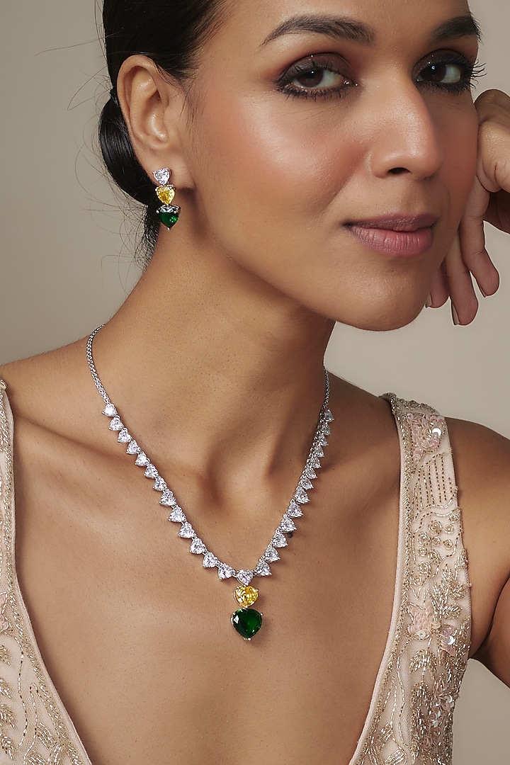 White Finish Zircon Heart-Shaped Necklace Set by Nepra By Neha Goel at Pernia's Pop Up Shop