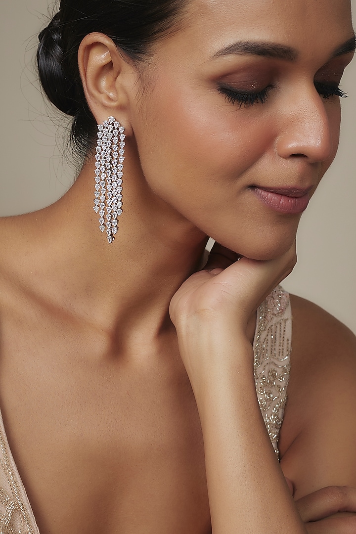 White Rhodium Finish Zircon Dangler Earrings by Nepra By Neha Goel at Pernia's Pop Up Shop