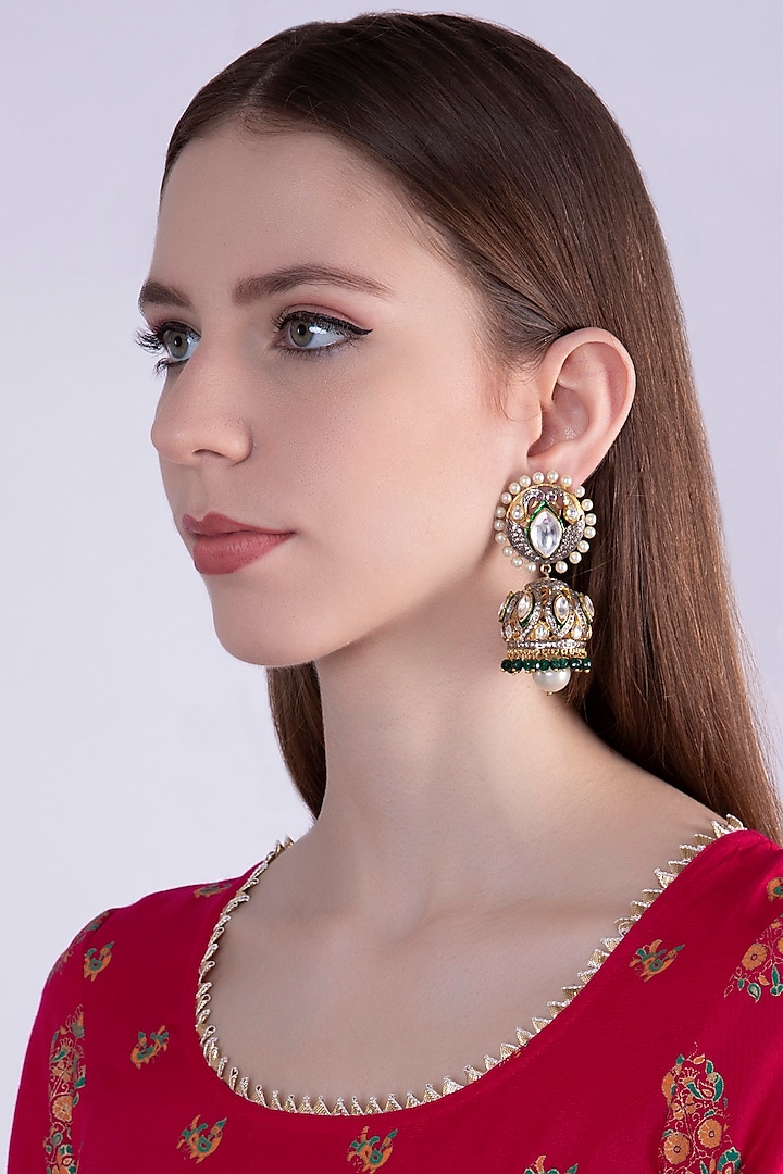 Gold Plated Polki Jhumka Earrings by Nepra By Neha Goel