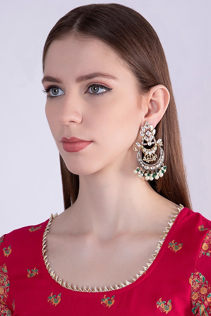 Gold Plated Pink Enameled Earrings With Green Beads by Nepra By Neha Goel