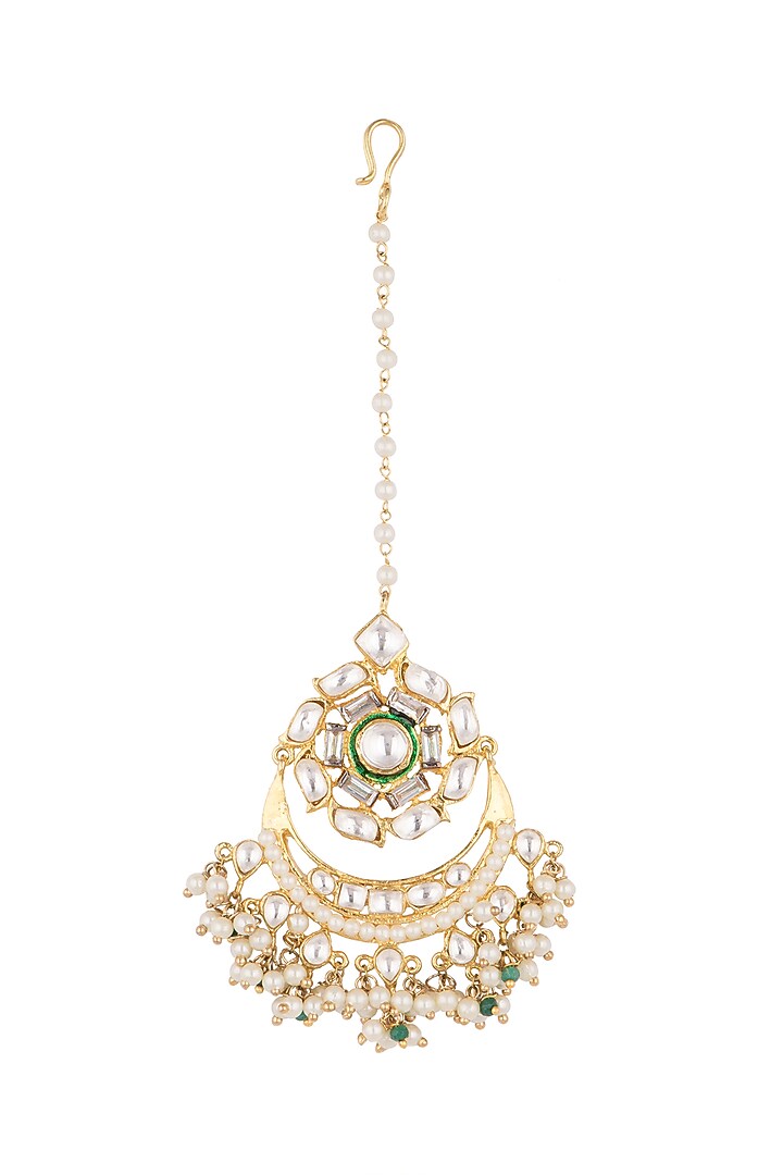 Gold Plated Kundan & Pearl Maang Tikka by Nepra By Neha Goel at Pernia's Pop Up Shop