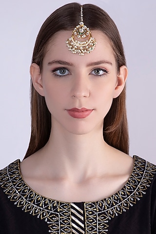 Gold Plated Kundan & Pearl Maang Tikka by Nepra By Neha Goel