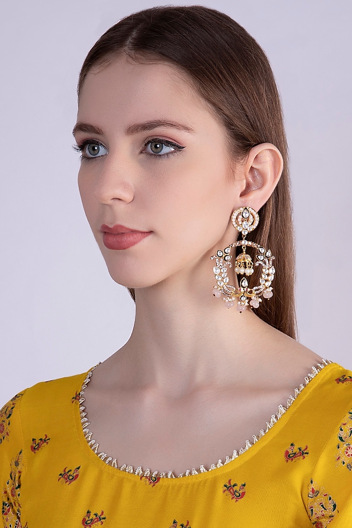 Gold Plated Kundan & Pearl Jhumki Earrings by Nepra By Neha Goel