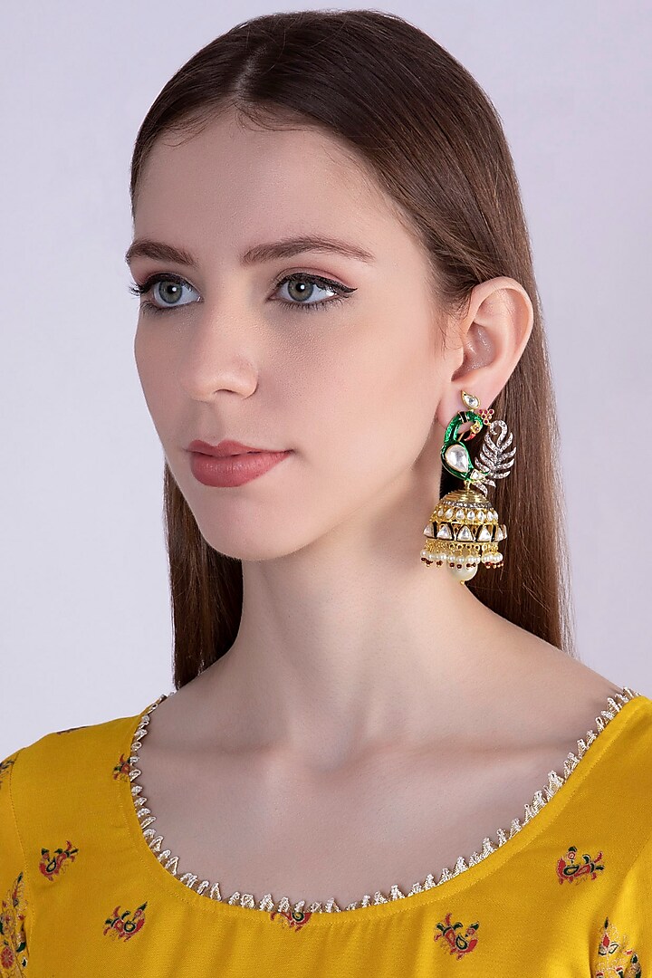 Gold Plated Peacock Jhumka Earrings by Nepra By Neha Goel