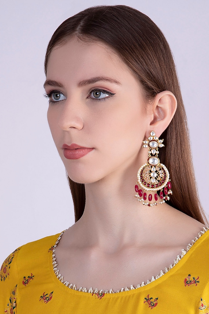 Gold Plated Red Enameled Chandbali Earrings by Nepra By Neha Goel