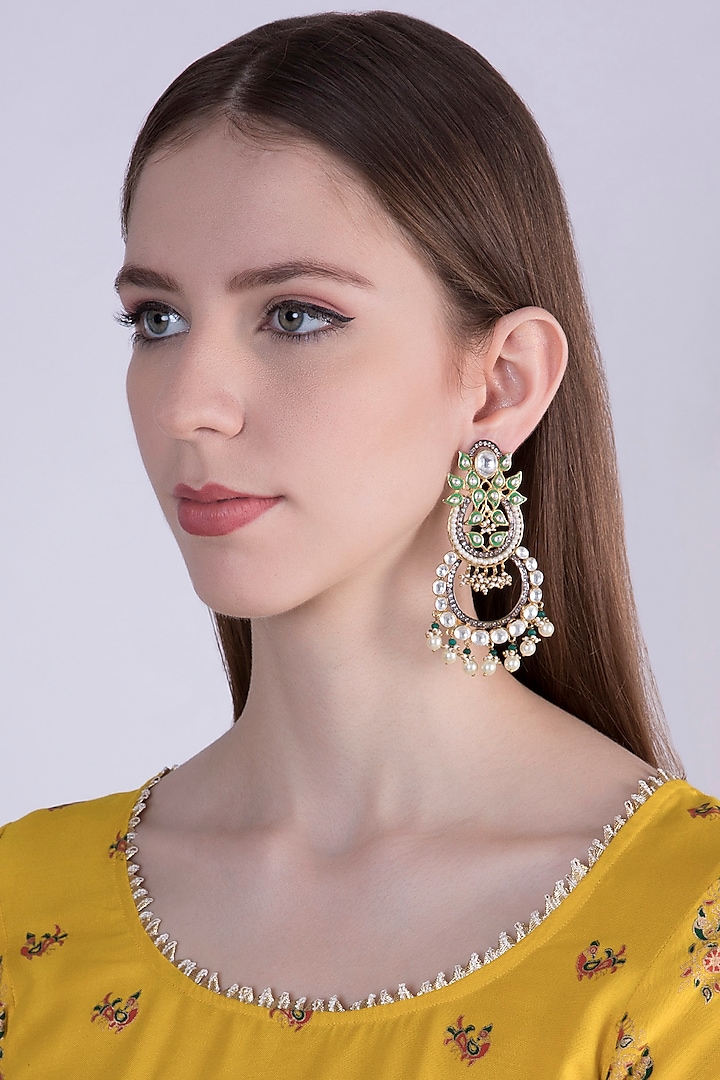 Gold Plated Polki & Emerald Chandbali Earrings by Nepra By Neha Goel