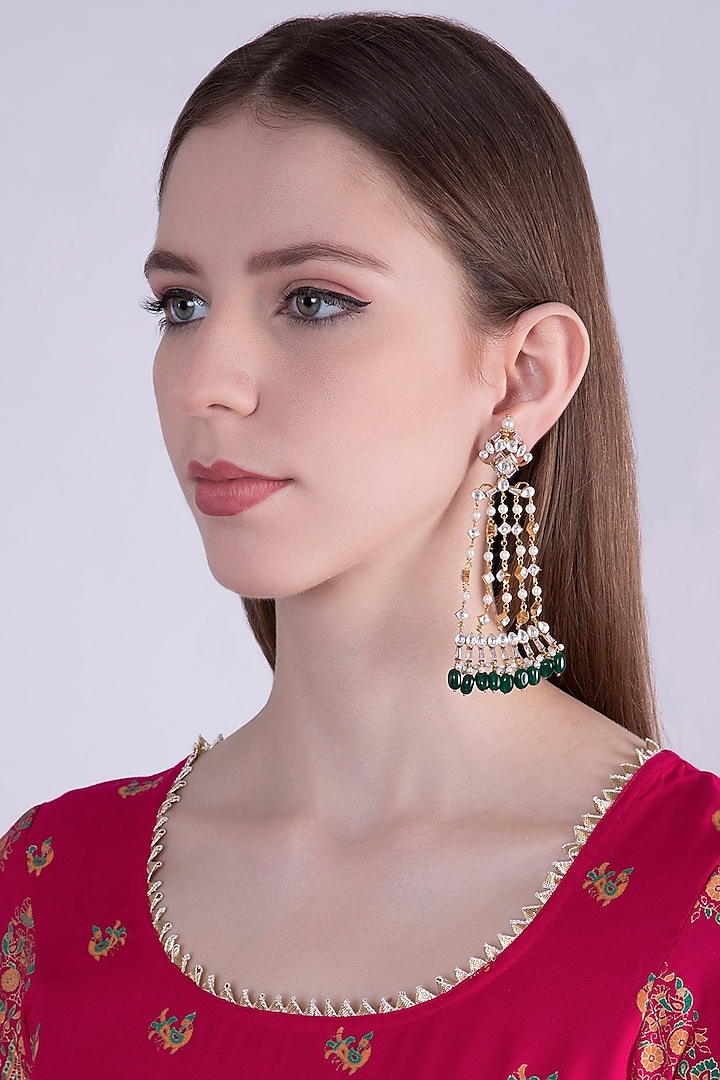Gold Plated Kundan & Emerald Earrings by Nepra By Neha Goel