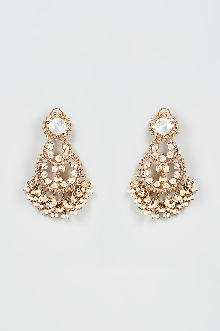 Gold Finish Kundan Polki & Pearl Chandbali Earrings by Nepra By Neha Goel at Pernia's Pop Up Shop