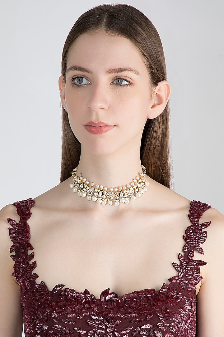 Gold Plated Emerald Enameled Choker Necklace by Nepra By Neha Goel