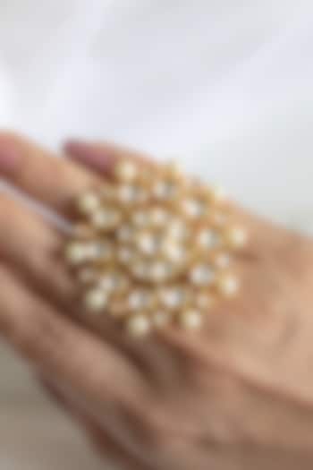Gold Finish Kundan Polki & Pearls Ring by Nepra By Neha Goel