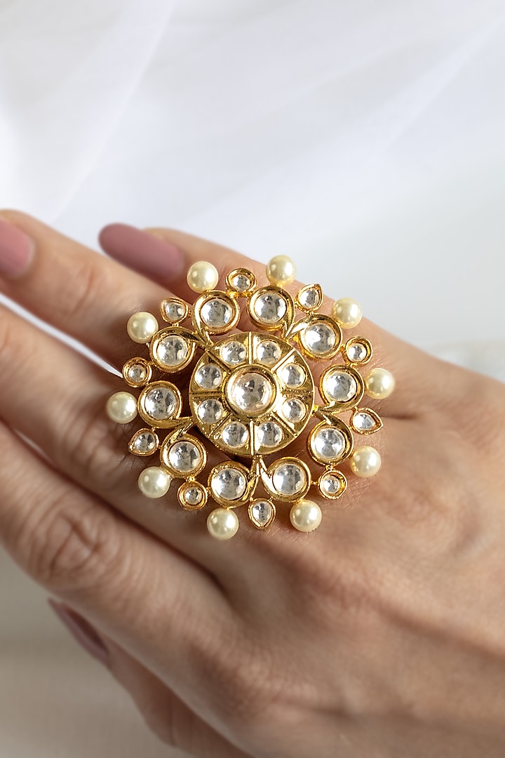 Gold Finish Kundan Polki & Pearls Ring by Nepra By Neha Goel