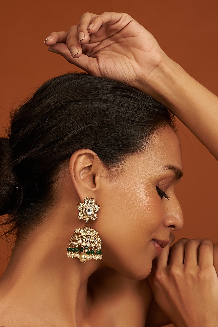 Gold Finish Kundan Polki Jhumka Earrings by Nepra By Neha Goel at Pernia's Pop Up Shop
