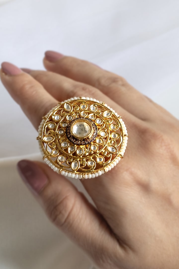 Gold Finish Ring With Kundan Polki & Pearls by Nepra By Neha Goel