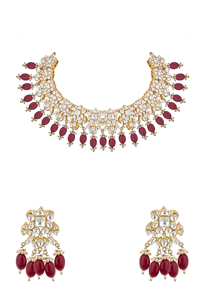 Gold Plated Kundan Choker Necklace Set by Nepra By Neha Goel at Pernia's Pop Up Shop