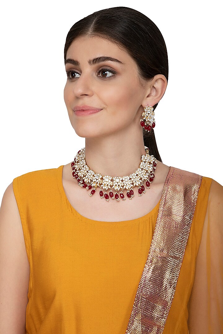 Gold Plated Kundan Choker Necklace Set by Nepra By Neha Goel