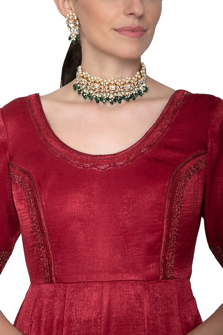 Gold Plated Emerald Choker Necklace Set by Nepra By Neha Goel