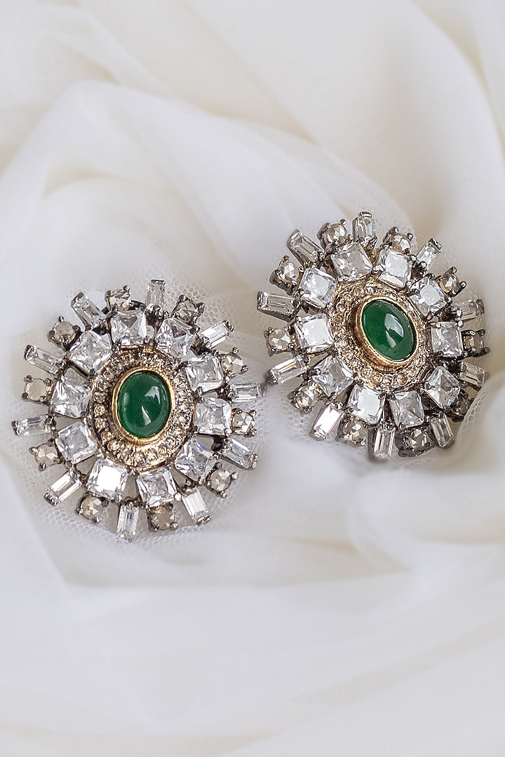 Two Tone Finish Kundan & Emerald Stud Earrings by Nepra By Neha Goel